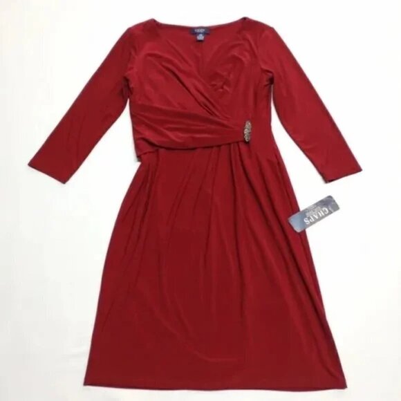 Chaps Women's Burgundy Red Faux Wrap V-Neck Stretch Dress Size PM NWT - Picture 3 of 10